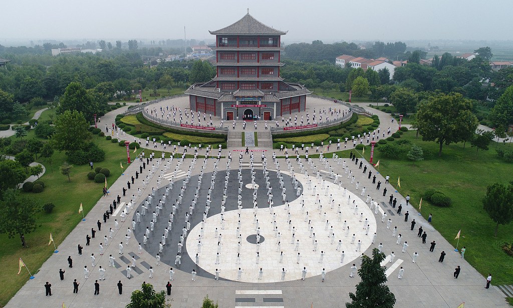 Aerial view of group Chen Taijiquan practice at Chenjiagou in front of the Taiji Museum