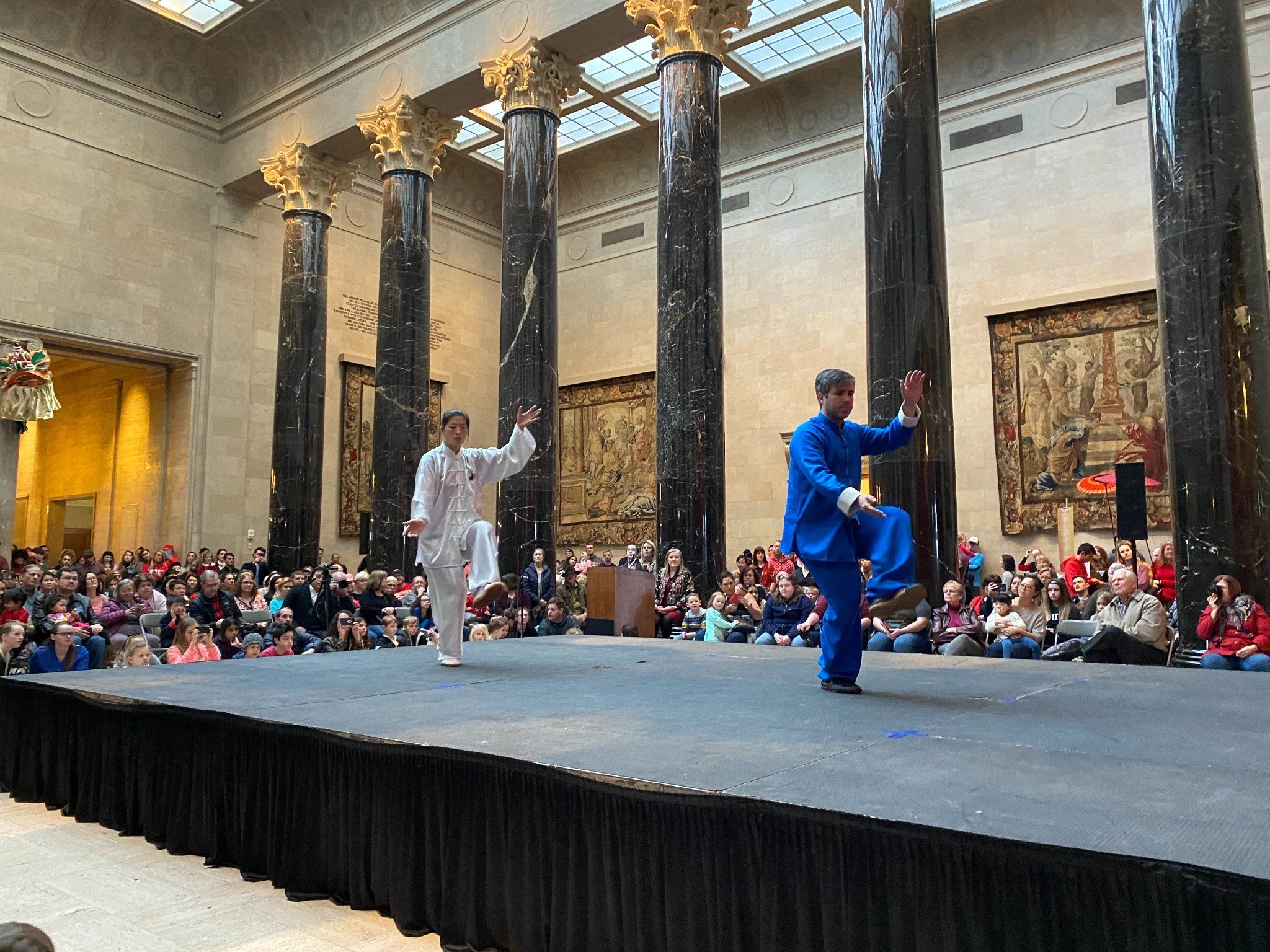 Master Chen Huixian and a student demonstrating Chen family Taijiquan at the Nelson-Atkins Museum of Art