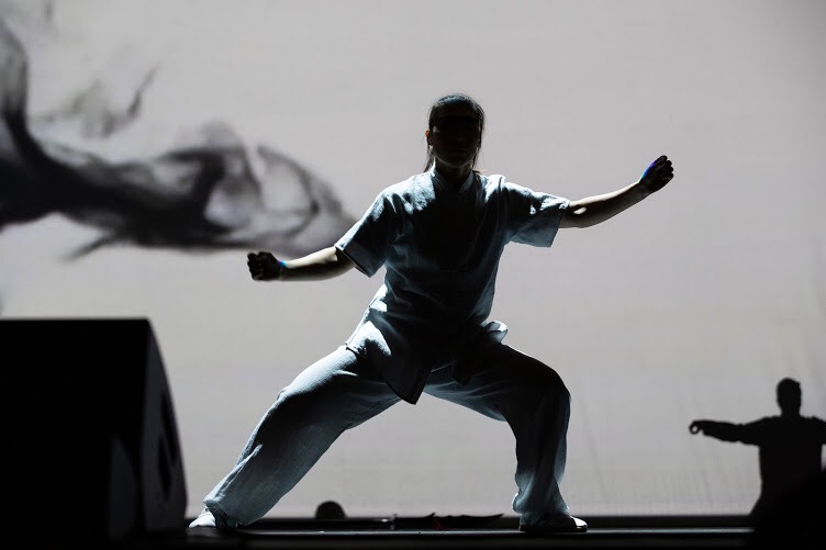 Master Chen Huixian demonstrating Chen Taijiquan in silhouette on stage at the Kansas City Chinese Association New Year's Gala