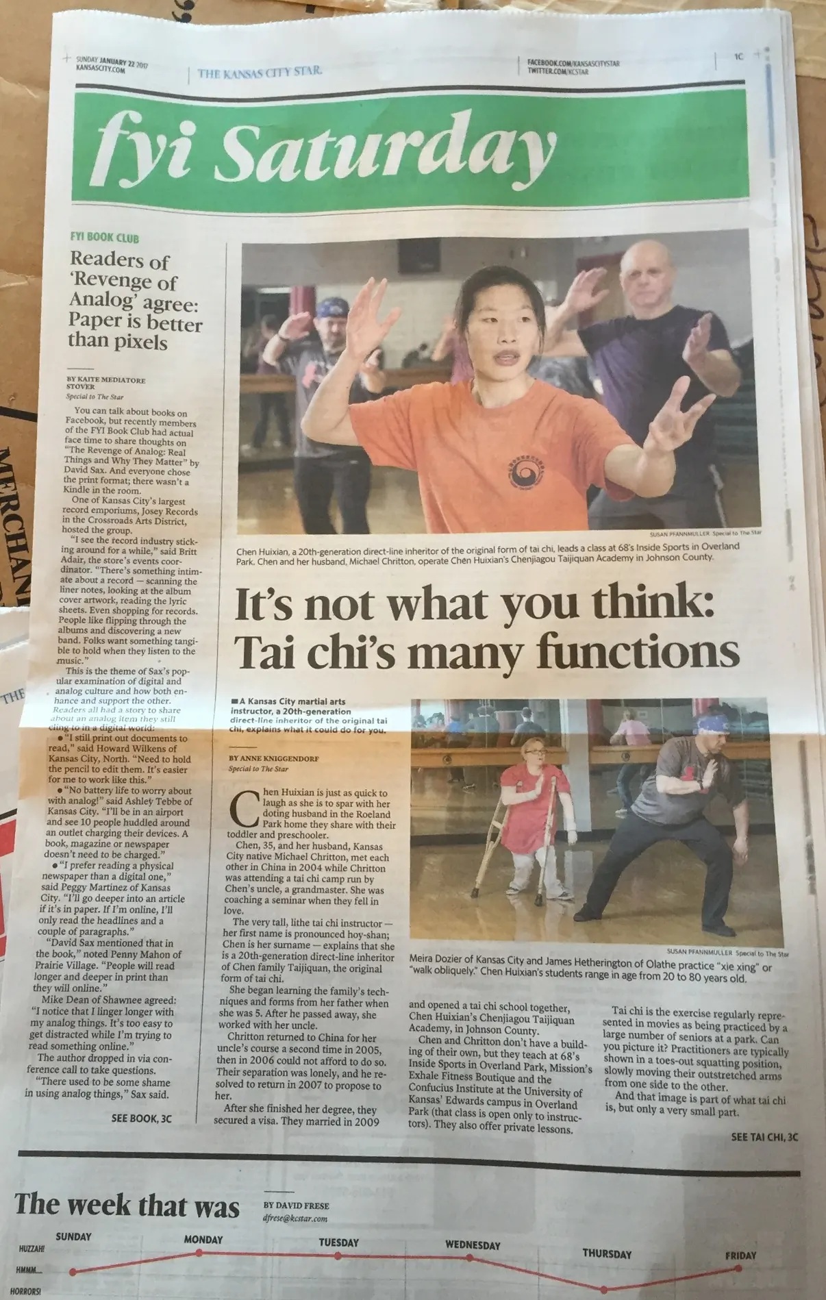 Kansas City Star FYI Saturday page from January 22, 2017 featuring Chen Huixian and the article It's not what you think: Tai chi's many functions